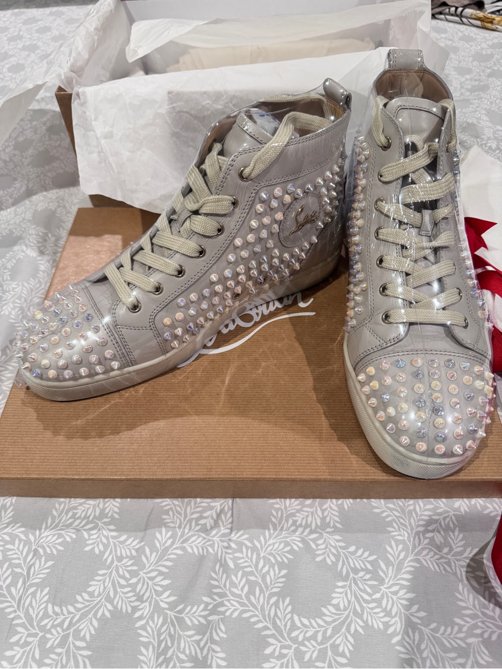 Christian Louboutin Light Grey Iridescent Studded High-Top Sneakers